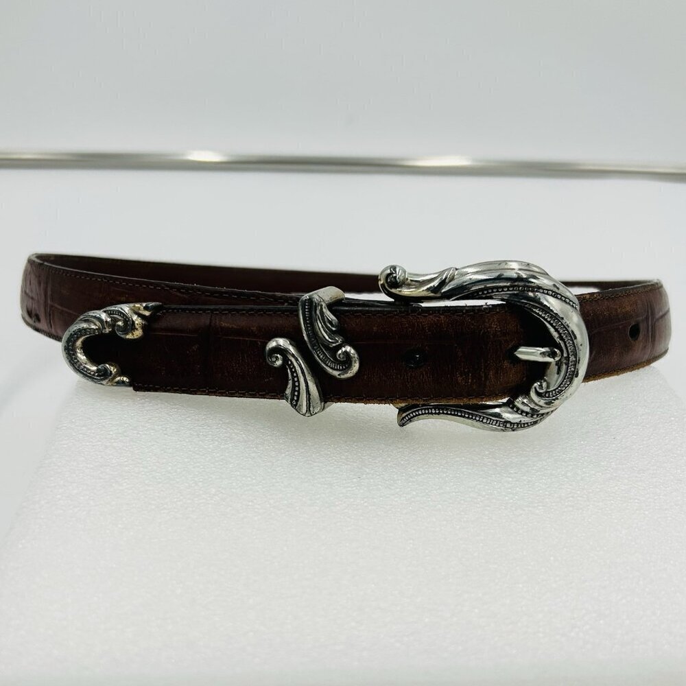 Brighton Allegro Swirl Faux Croc Embossed Brown Leather Belt Silver Buckle Sz M
